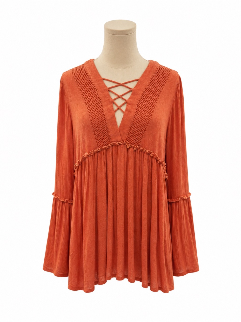 Entro Rust Orange Boho Lace-Up Bell Sleeve Peasant Tunic Top Small Oversized